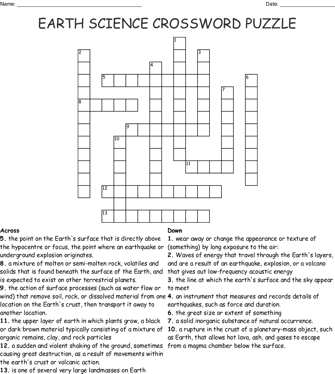 Earth Layers Science Crossword Puzzle Activity Worksheet 