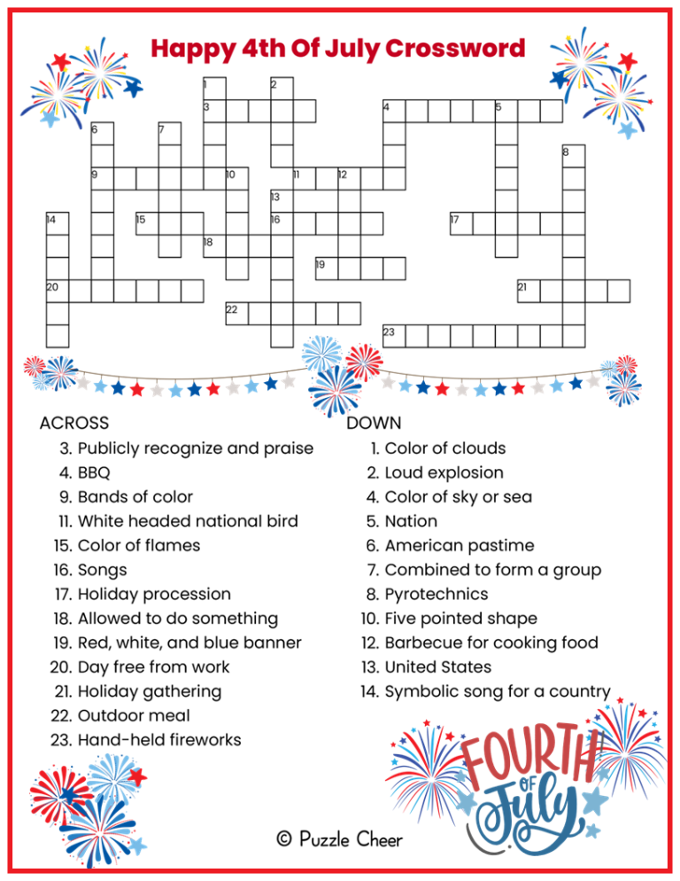 4th Of July Crossword Puzzle Printable
