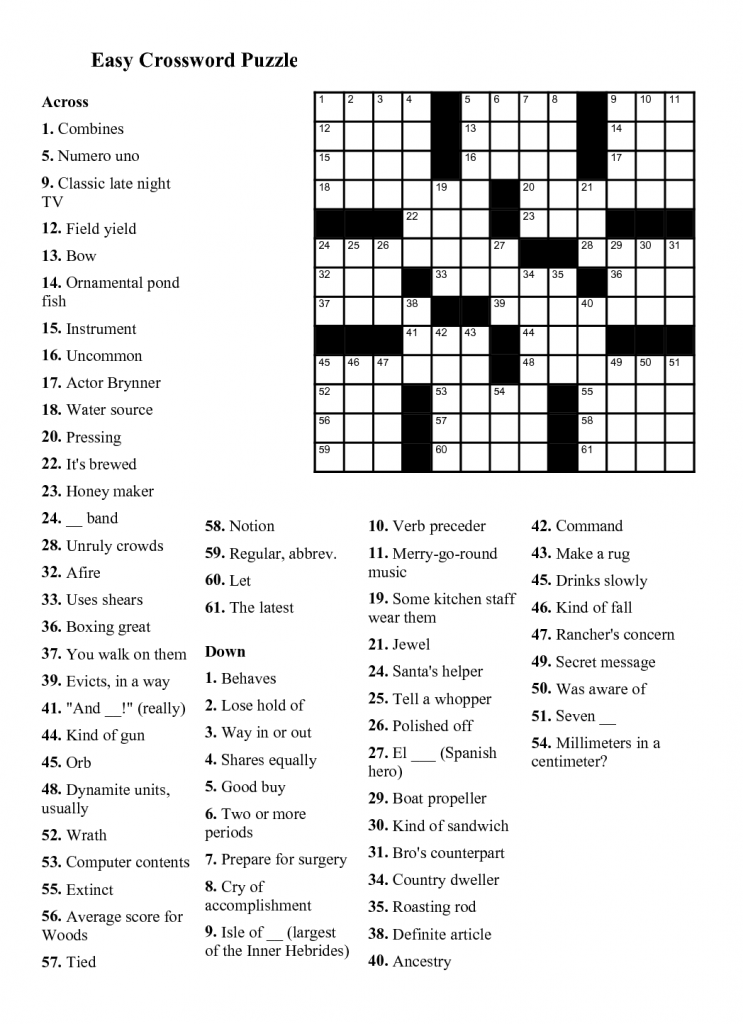 Easy Printable Crossword Puzzles With Answers