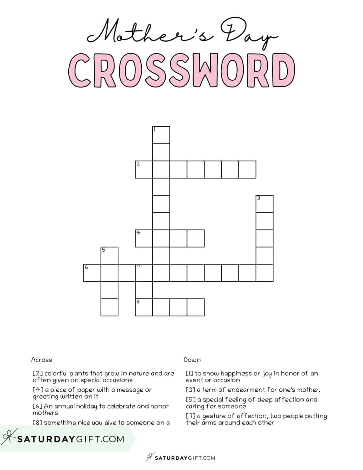 Mother 39 s Day Crossword Puzzle Cute Free Printable SaturdayGift