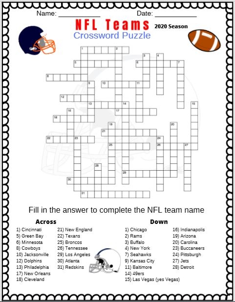 NFL Football Teams Crossword Puzzle Free Printable PDF 