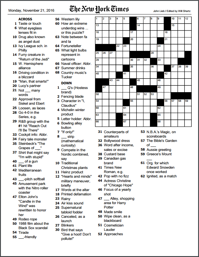 Nyt Crossword Puzzles Printable