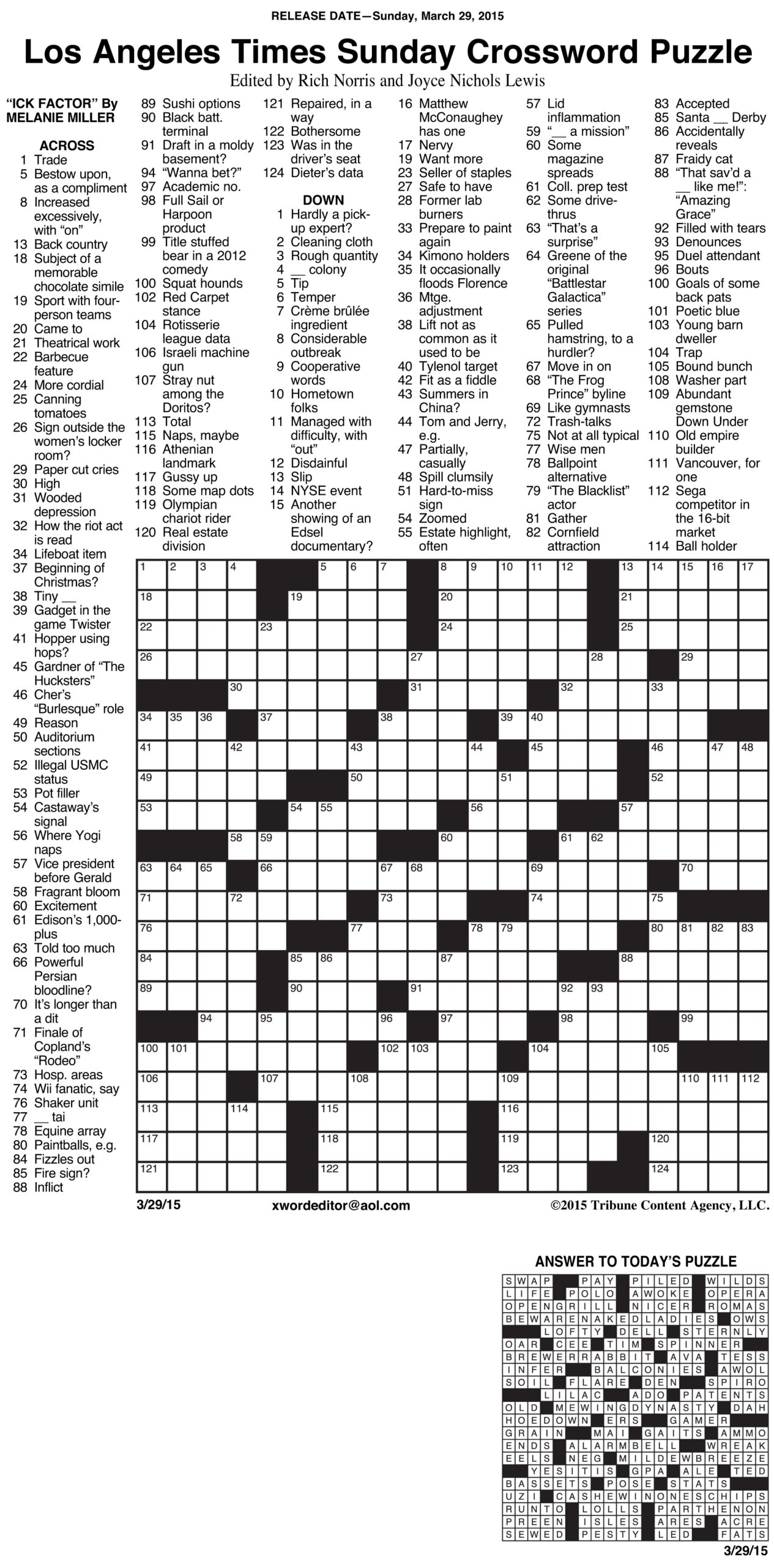 Printable Chicago Tribune Sunday Crossword Puzzle