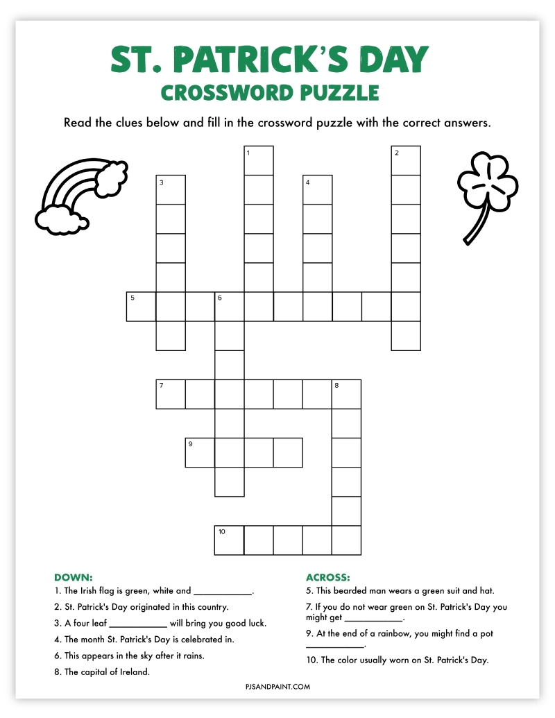 St Patrick 39 s Day Crossword Puzzle Free Printable Game Pjs And Paint