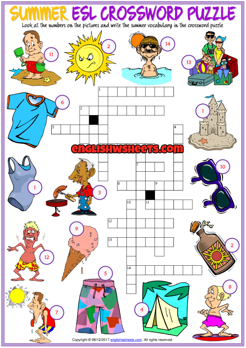 Summer ESL Printable Crossword Puzzle Worksheet For Kids