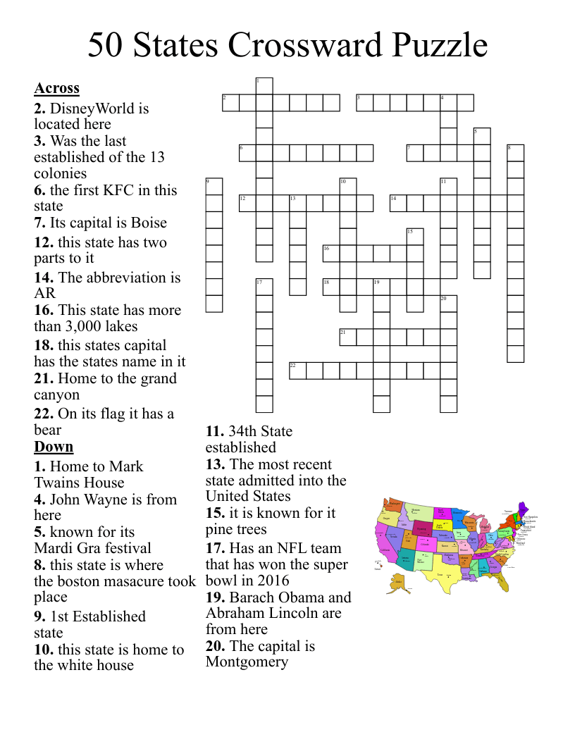 Us States Crossword Puzzle Printable
