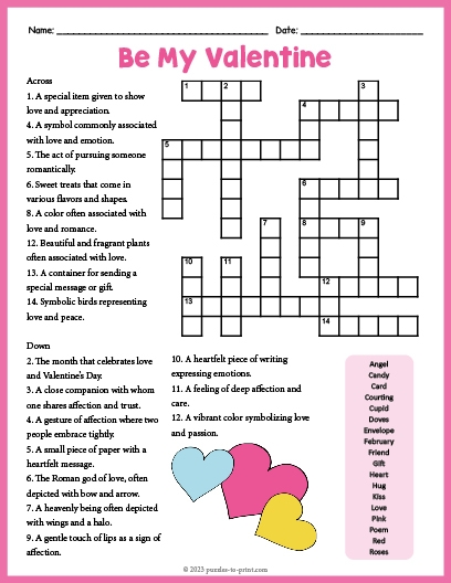 Valentine's Day Crossword Puzzle Printable