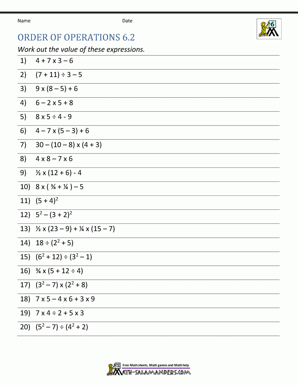 6th Grade Order Of Operations Worksheets Worksheets Library