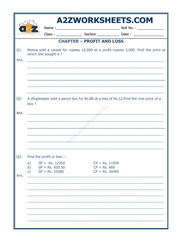 A2Zworksheets Worksheet Of Profit And Loss 05 Measurement Maths