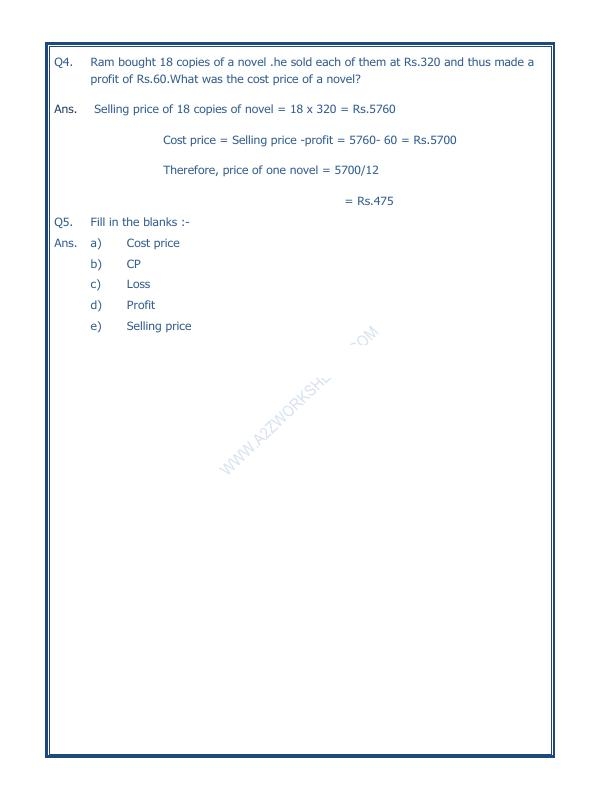 A2Zworksheets Worksheet Of Profit And Loss 05 Measurement Maths