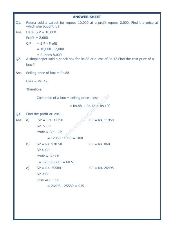 A2Zworksheets Worksheet Of Profit And Loss 05 Measurement Maths
