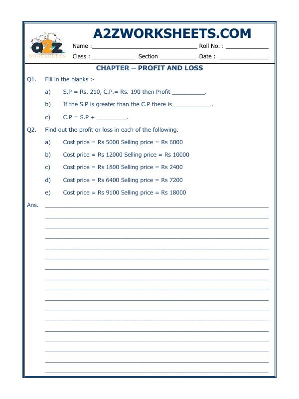 A2Zworksheets Worksheet Of Profit And Loss 07 Measurement Maths