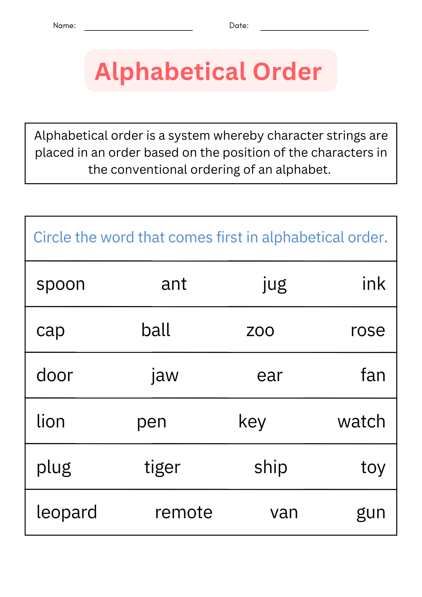 ABC Order Printable Alphabetical Order Worksheets For 1st L 2nd 