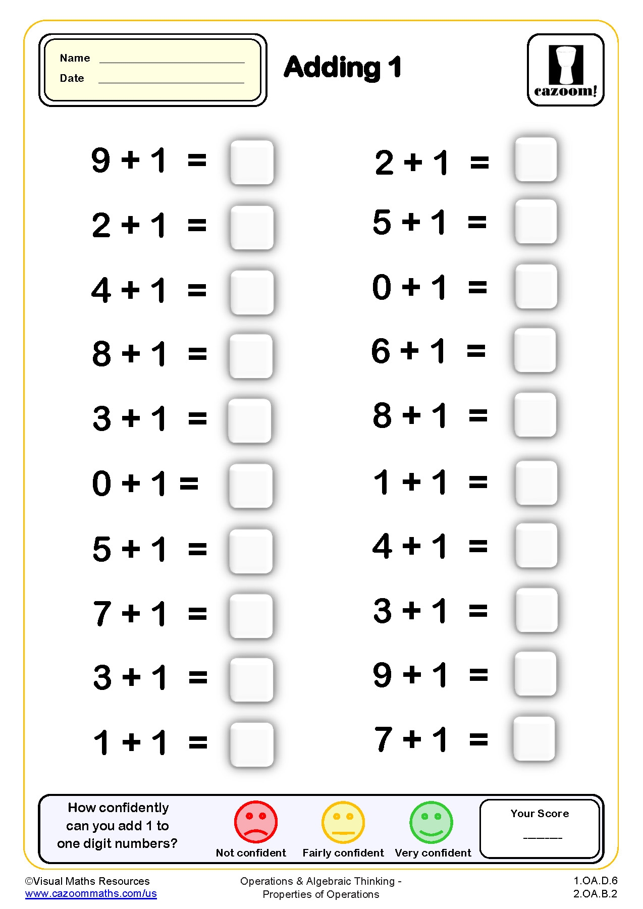 Adding 1 Drills Worksheet 20 Questions Grade 1 PDF Addition