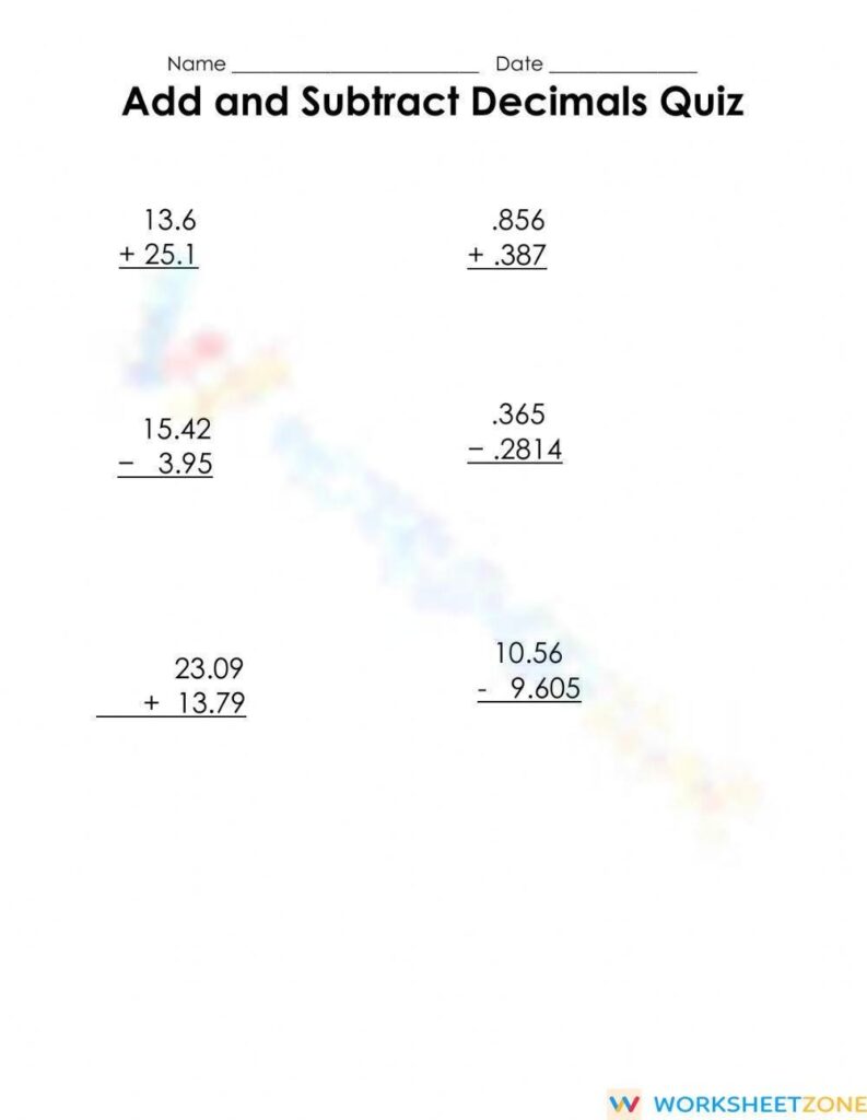 Subtracting Decimals Worksheet - Printable Coloring Free