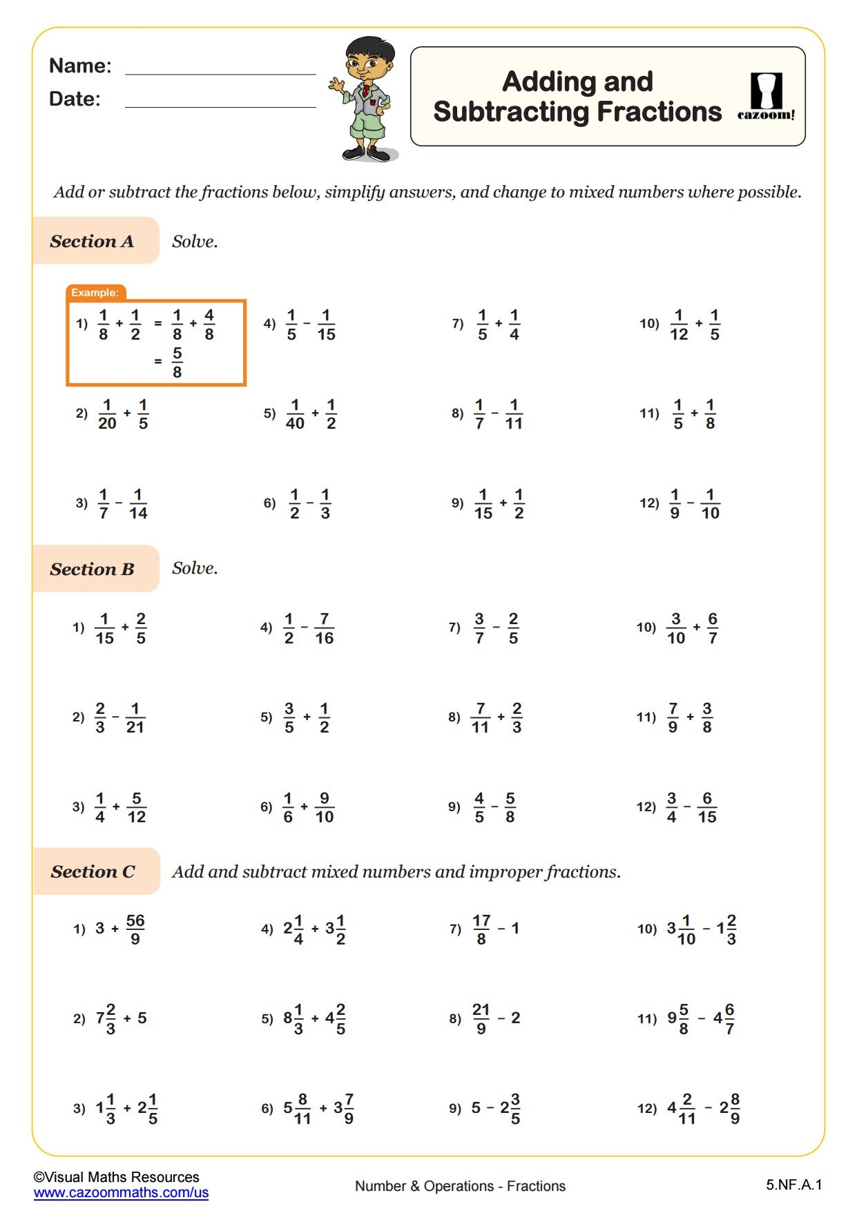 Adding And Subtracting Fractions PDF Printable Number And Operations 