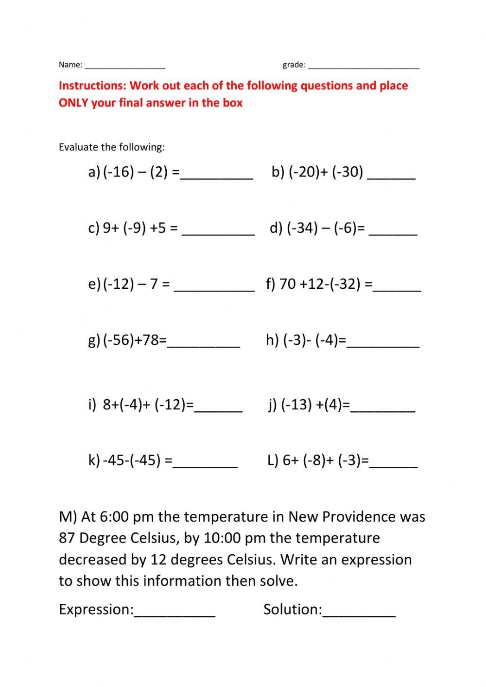 Adding And Subtracting Integers Worksheet Grade 9 Worksheet Live