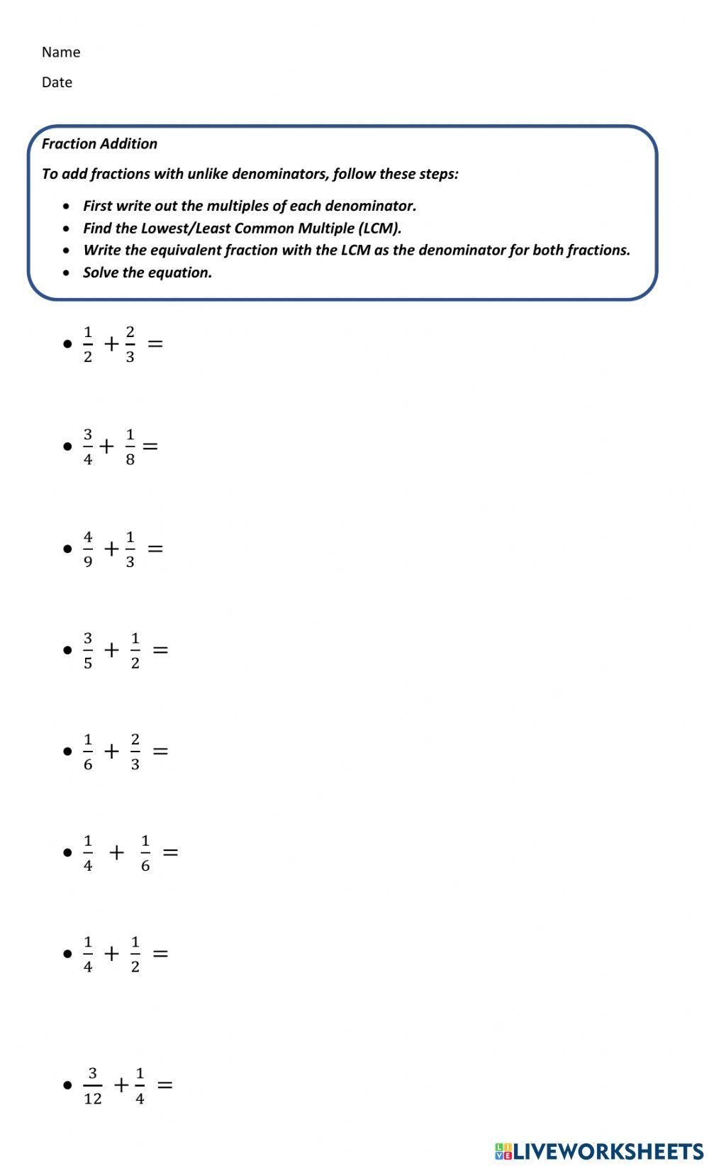 Adding Fractions With Unlike Denominators Exercise Live Worksheets 