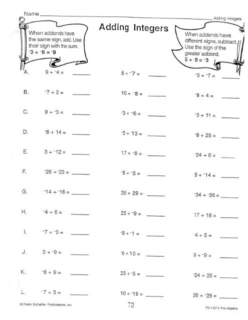 Adding Integers Subtracting Integers Worksheet Mrs Johnson 