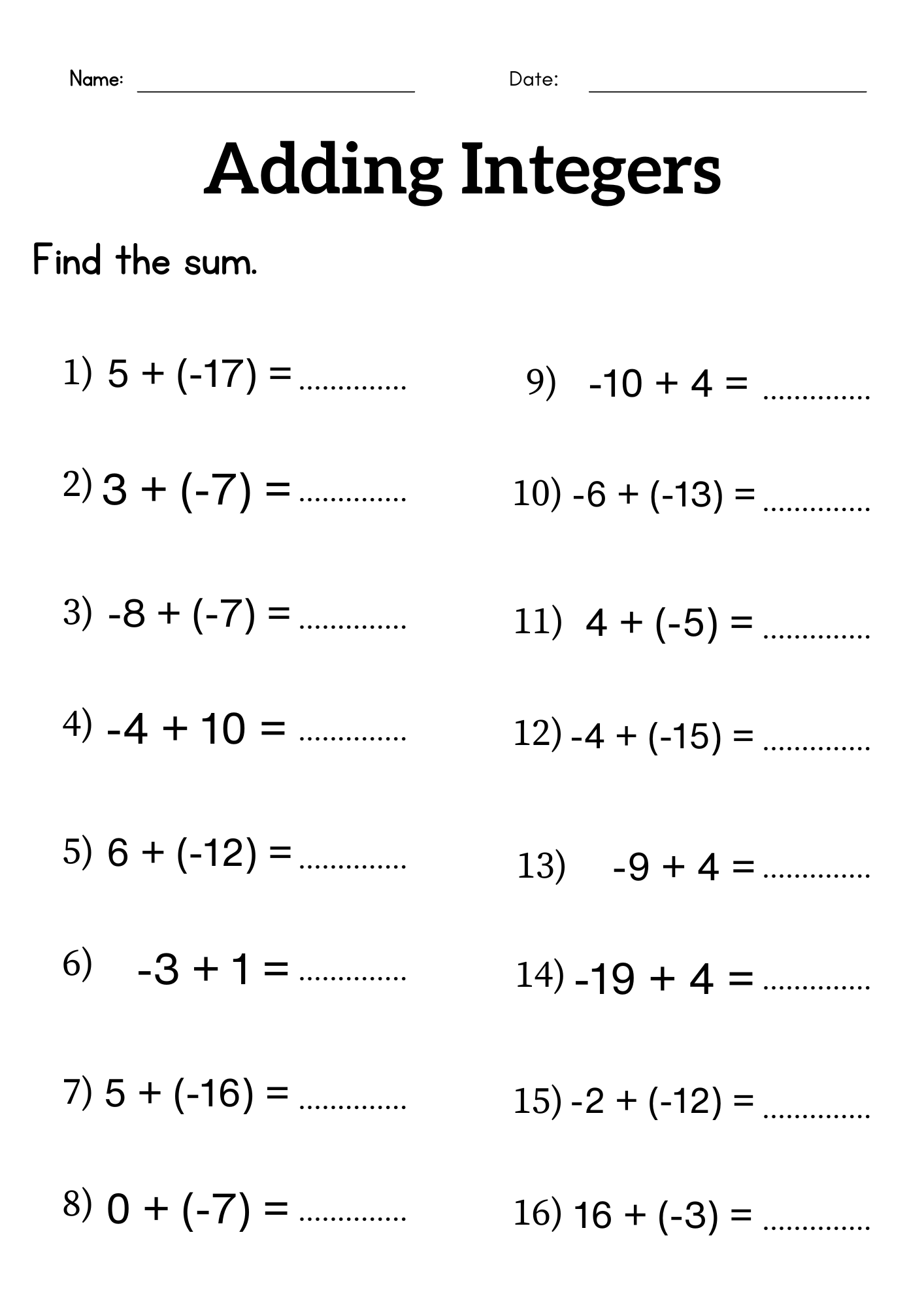 Adding Integers Worksheet Grade 6 Or 7 Addition Of Integers