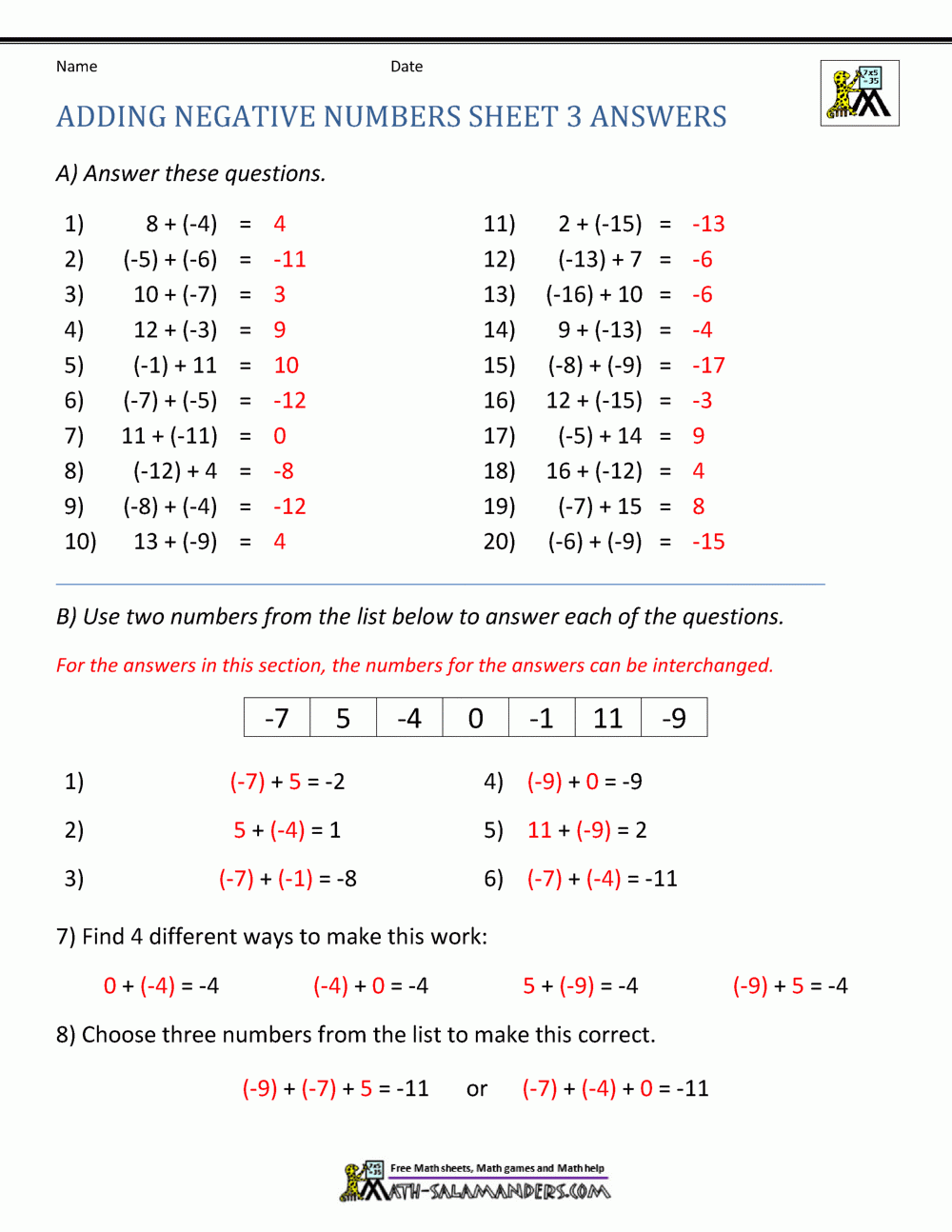 Adding Integers Worksheet Pdf E streetlight