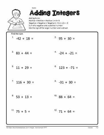 Adding Integers Worksheets