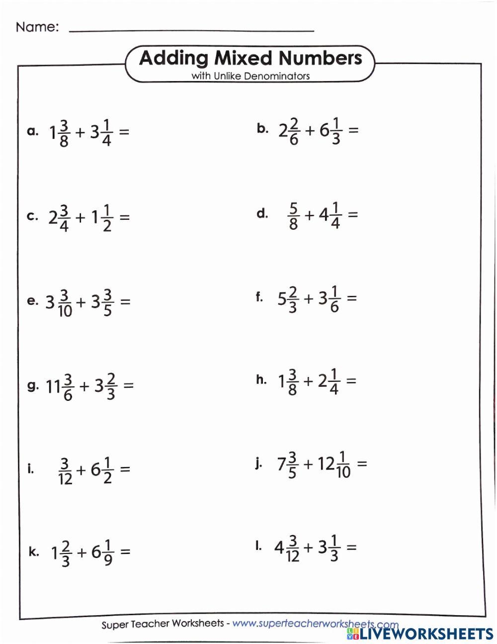Adding Mixed Numbers With Unlike Denominators Online Exercise For 