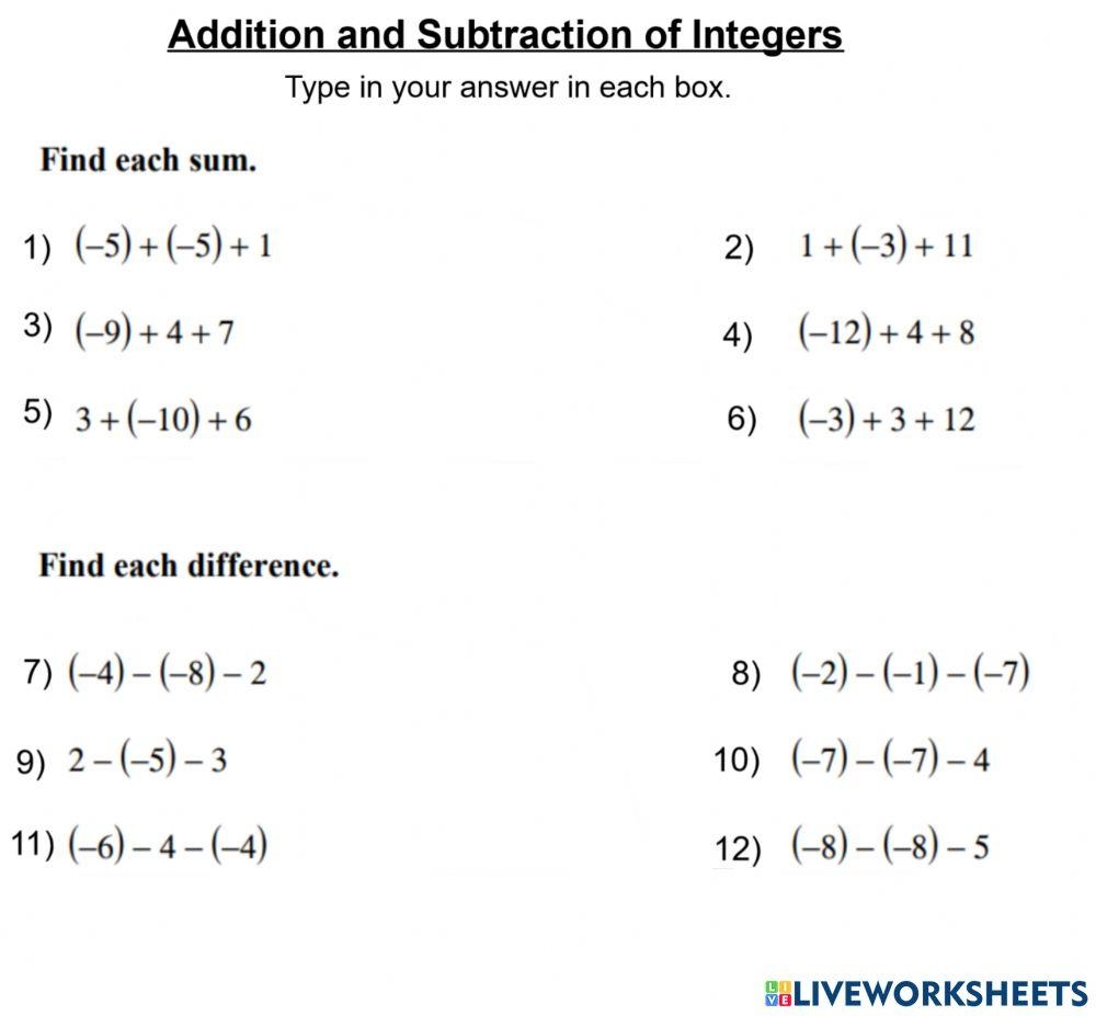 Adding Subtracting Integers Worksheet Live Worksheets Worksheets 