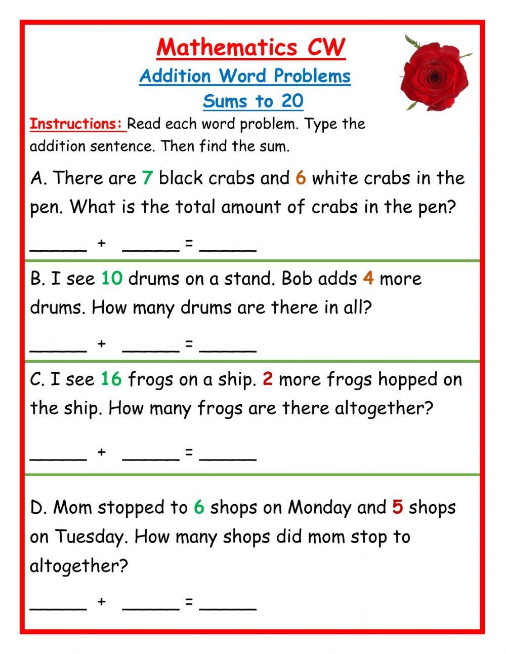Addition Word Problems Sums To 20 CW Worksheet Live Worksheets 