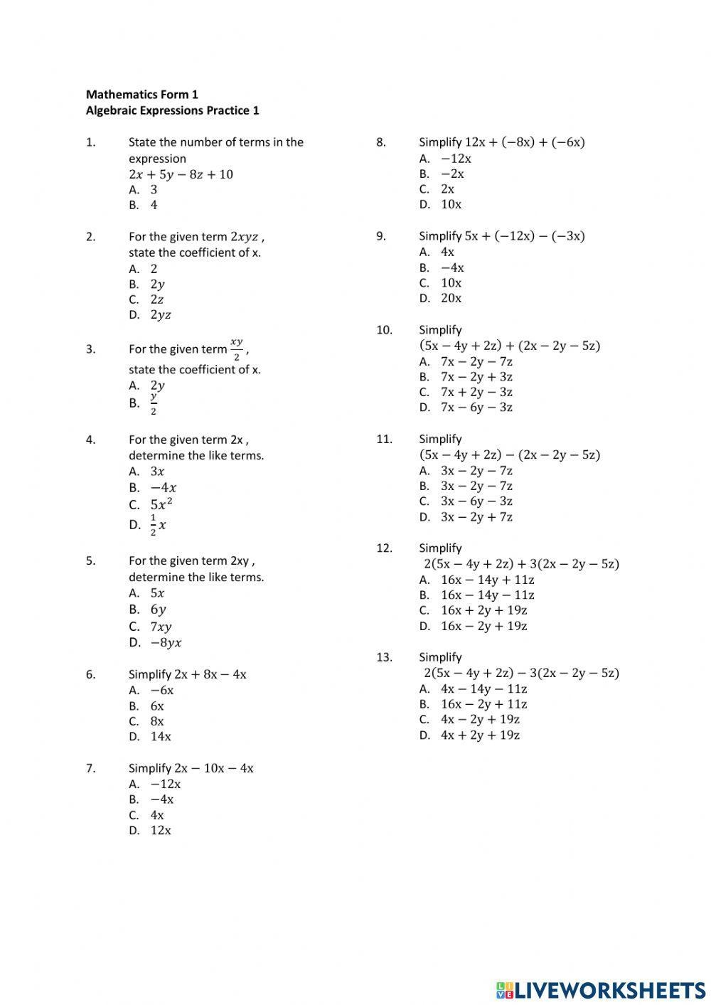 Algebra 1 Worksheets Equations Worksheets Worksheets Library