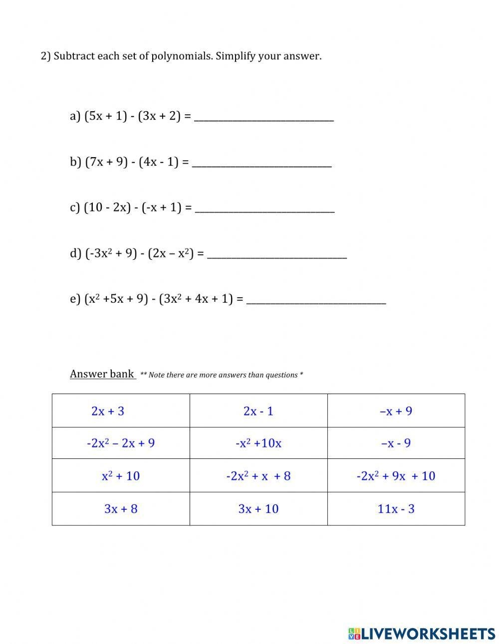 Algebra Practice Adding Subtracting Polynomials Worksheet 