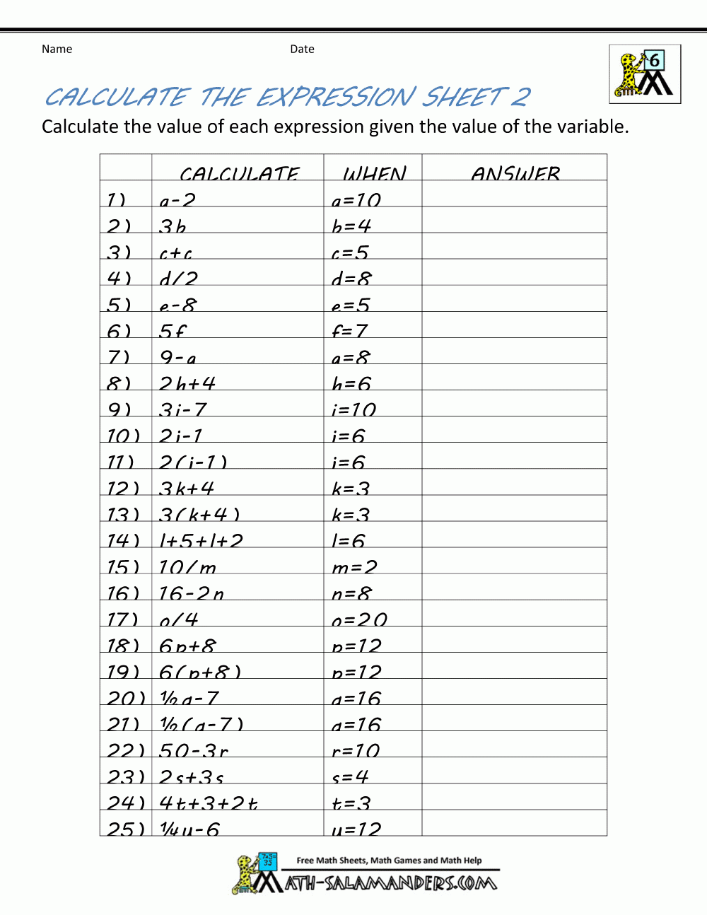 Algebra Worksheets Year 6