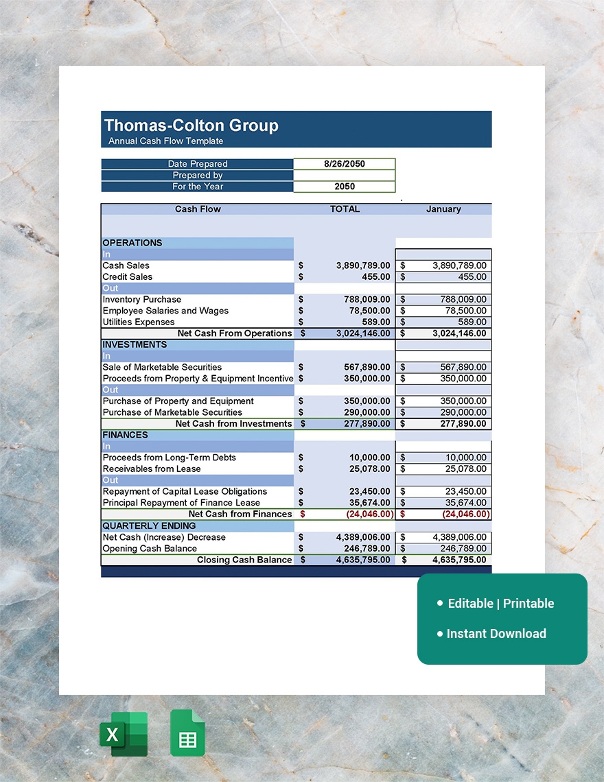 Annual Cash Flow Template Google Sheets Excel Template