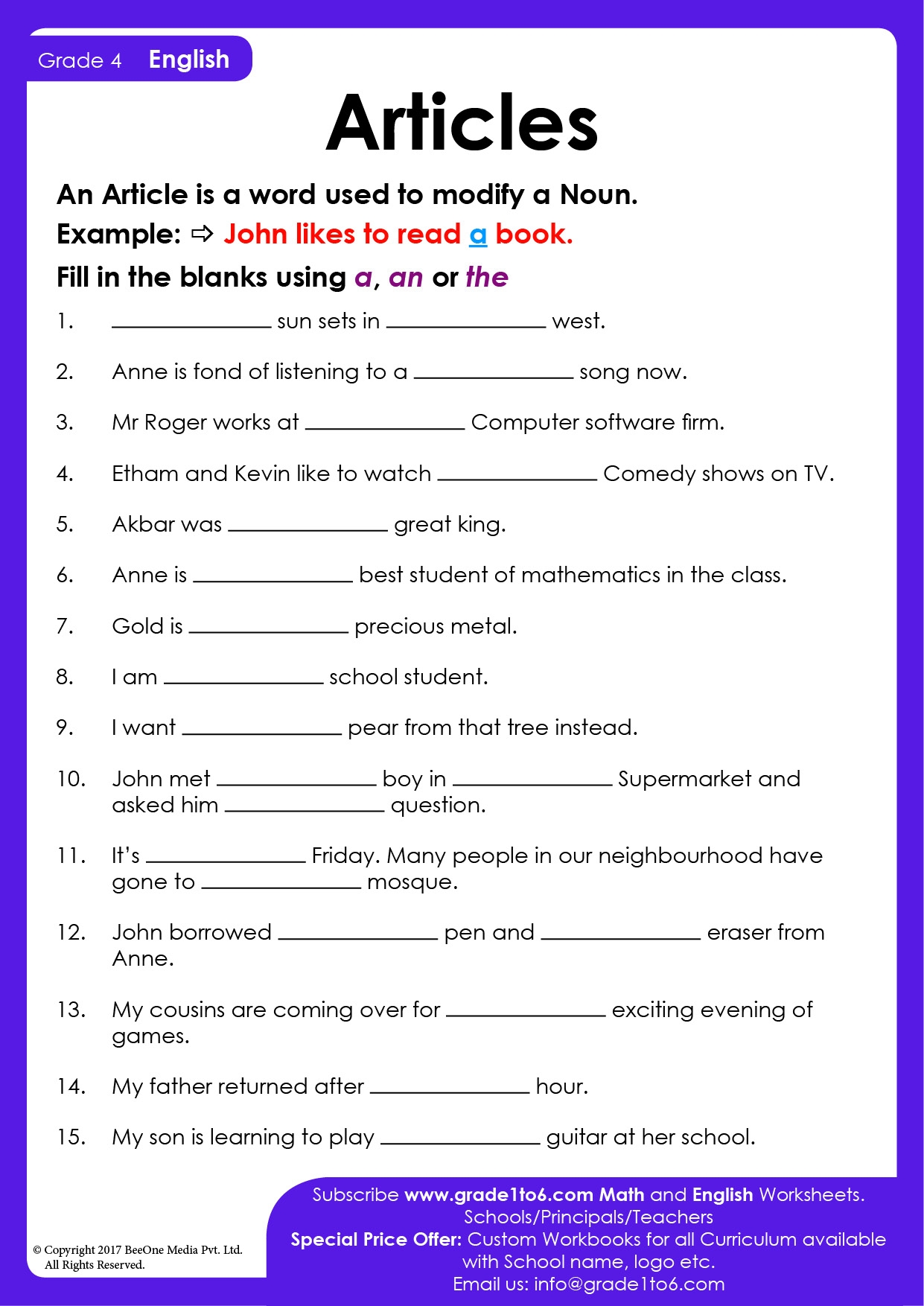Articles Worksheet For Class 4 Grade1to6 Worksheets Library