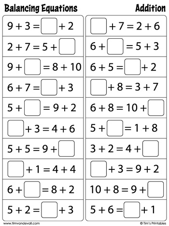 Balancing Equations Worksheet Addition Tim 39 s Printables