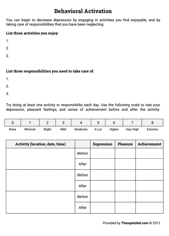 Behavioral Activation Worksheet Therapist Aid TherapistAidWorksheets