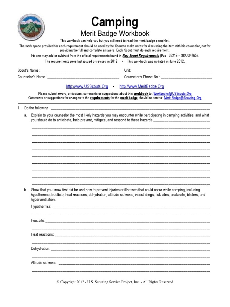 Bsa Camping Merit Badge Worksheet Worksheets Library