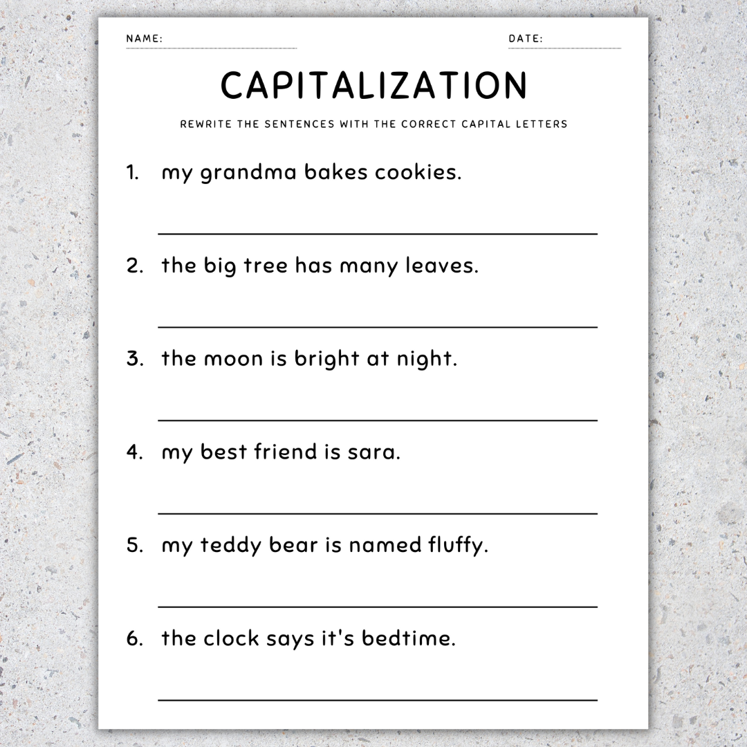 Capitalization Worksheets Fix The Sentences Grammar Practice 1st Grade 