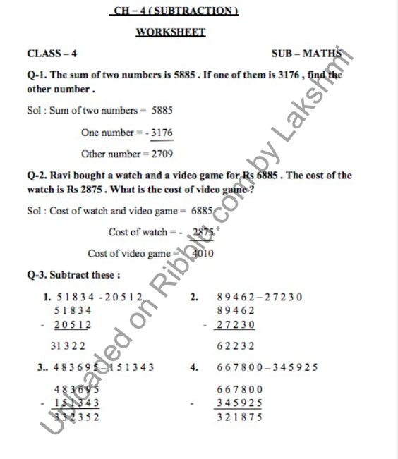 CBSE Class 4 Subtraction Worksheets