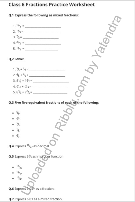 CBSE Class 6 Fractions Worksheets