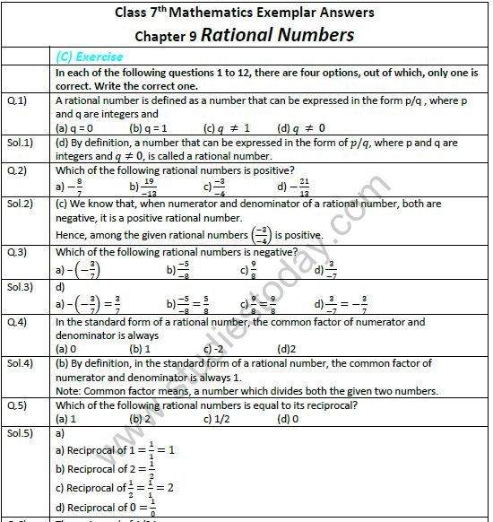 Cbse Class 7 Mathematics Rational Numbers Exemplar Solutions 
