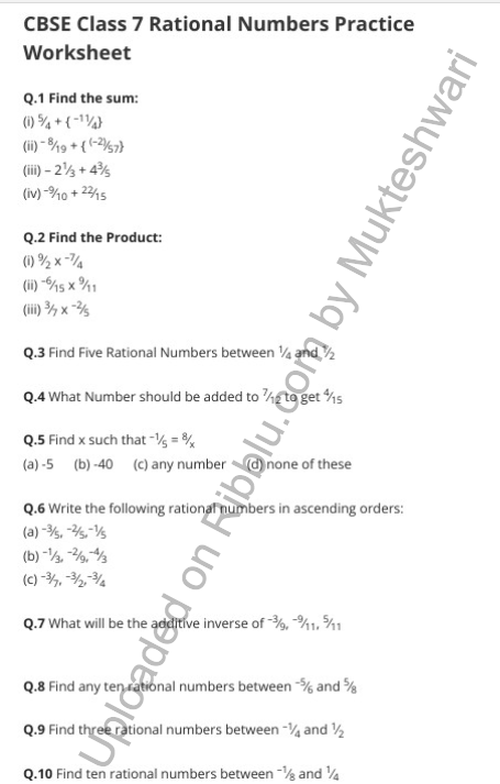 CBSE Class 7 Maths Rational Numbers Worksheet Chapter 9