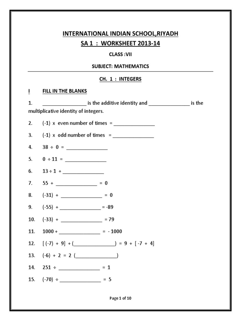 CBSE Class 7 Maths Worksheet Integers Download Free PDF 