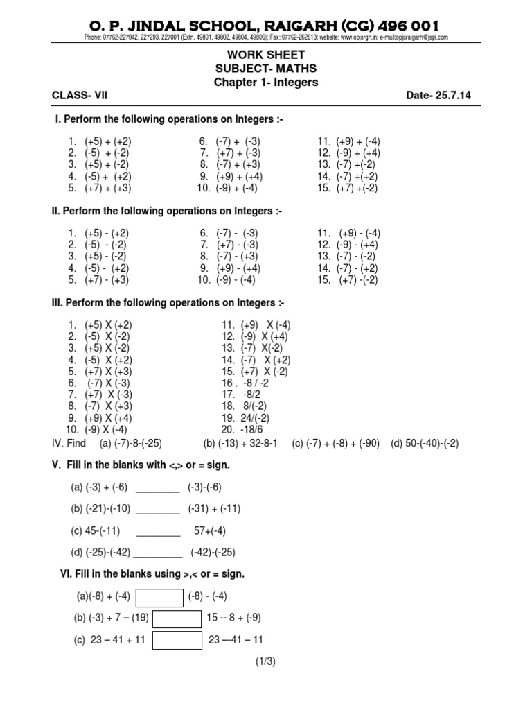CBSE Class 7 Maths Worksheet Integers PDF Nature Worksheets Library