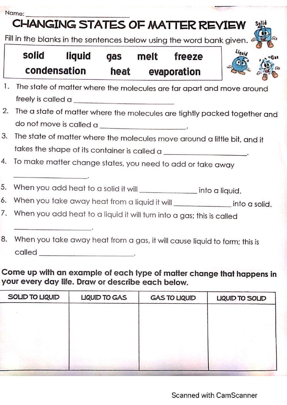 Changing States Of Matter Worksheet For 4th And 5th Grade Free 