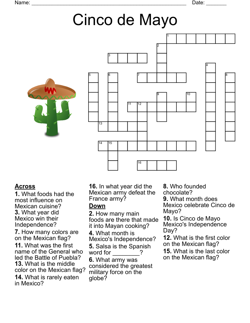 Cinco De Mayo Crossword Puzzle Printable