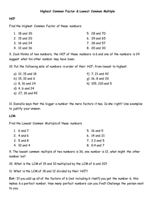 Class 5 Maths Worksheet Topic HCF And LCM Worksheet Maths For 
