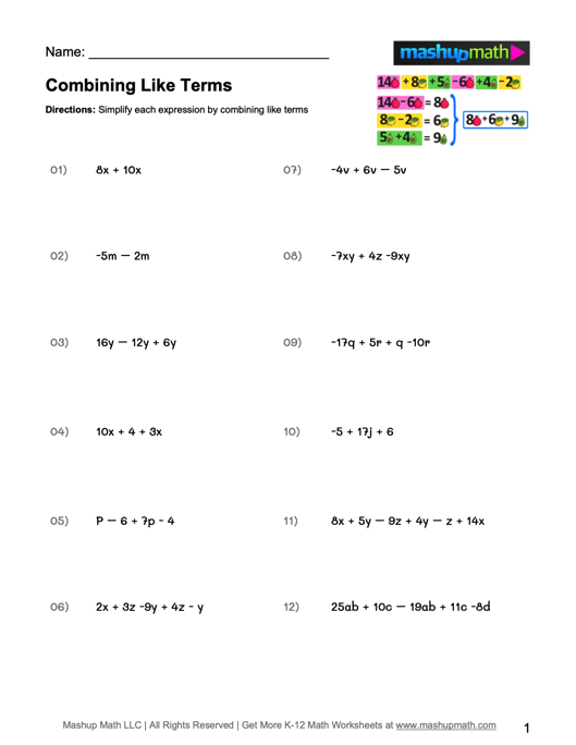 Combining Like Terms Explained Examples Worksheet Included 