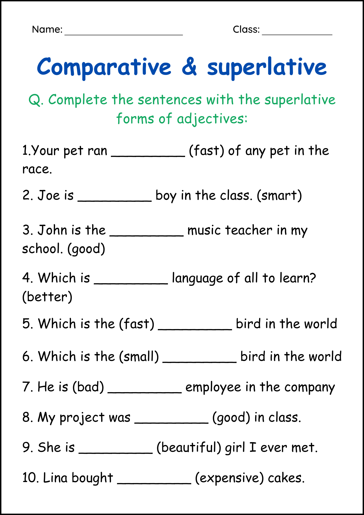 Comparative And Superlative Adjectives Grammar Worksheets For 