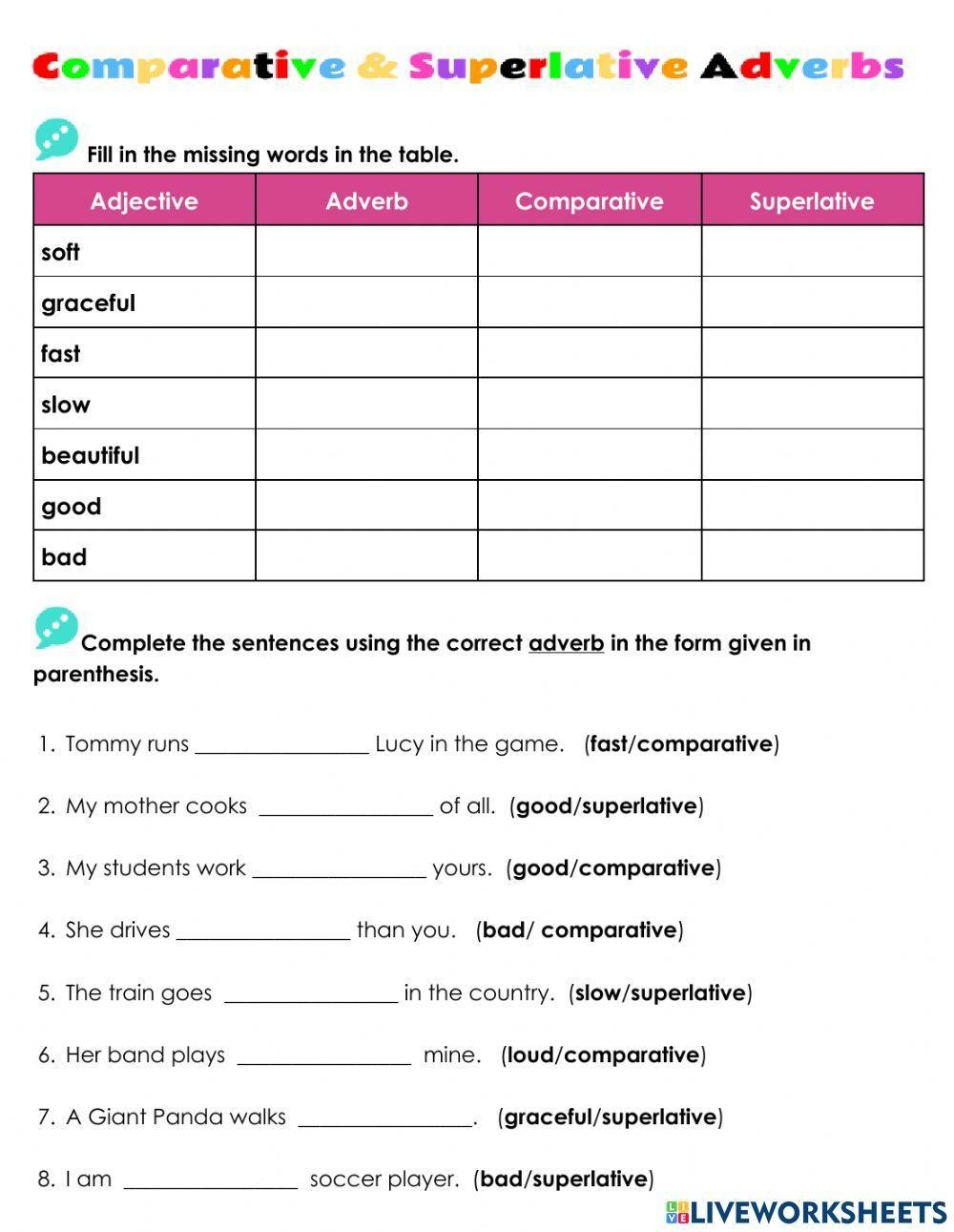 Comparative And Superlative Adverbs Interactive Activity Live 